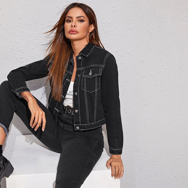 

Button Front Flap Pocket Denim Jacket, Black