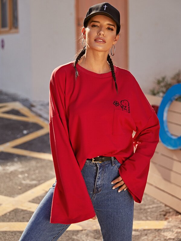

Drop Shoulder Embroidery Detail Patch Pocket Tee, Red, Juliana