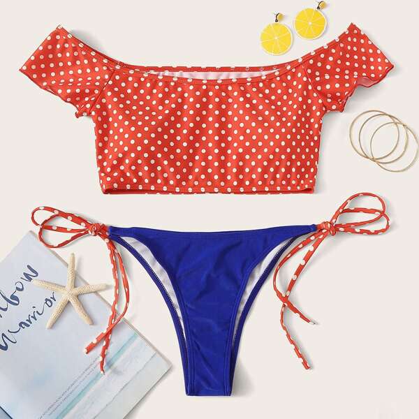 

Polka Dot Short Sleeve Top With Tie Side Bikini, Multicolor