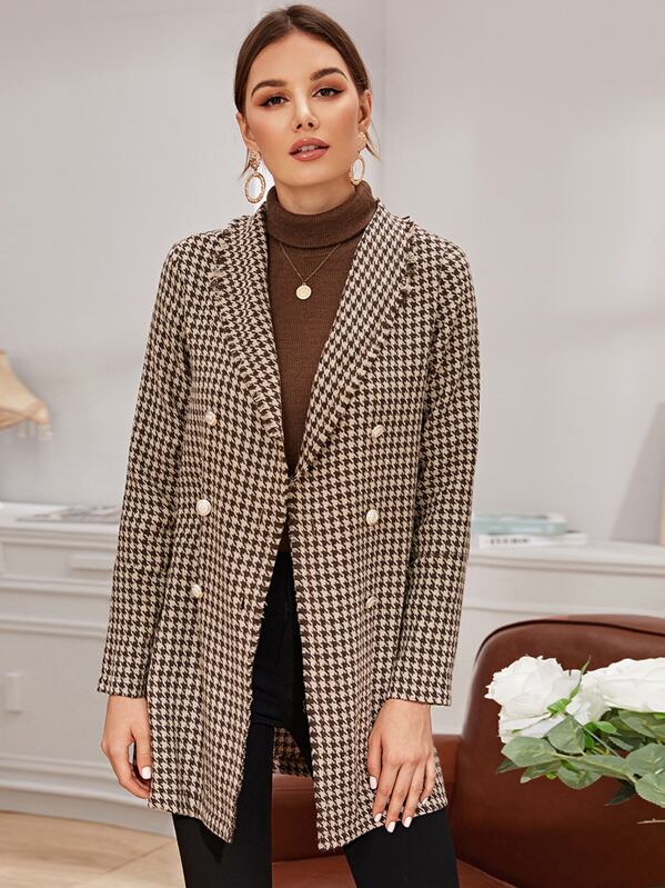 

Double Button Houndstooth Pea Coat, Brown, Vlada