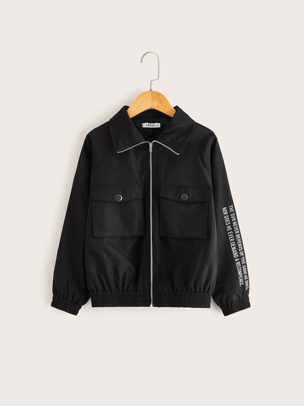 

Girls Zip Up Flap Pocket Slogan Graphic Jacket, Black