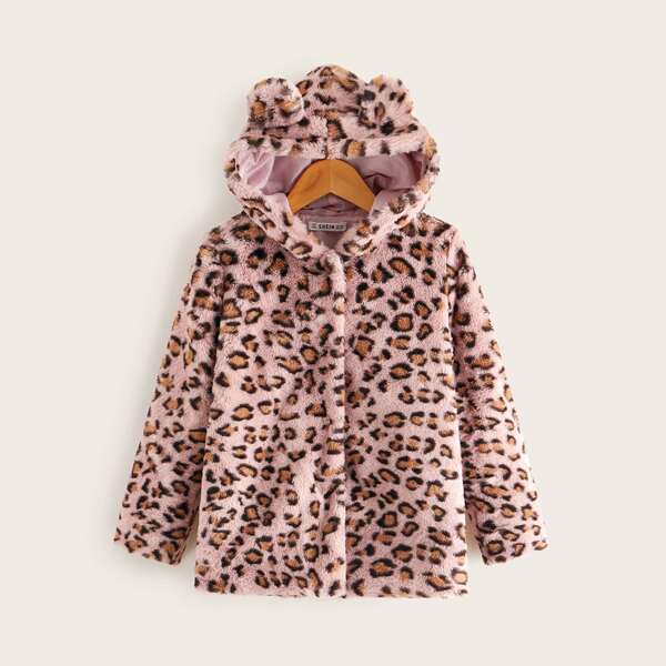 

Girls Leopard Faux Fur Ear Hooded Coat, Multicolor