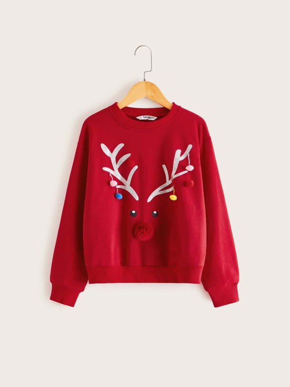 

Girls Pompom Detail Graphic Pullover, Red