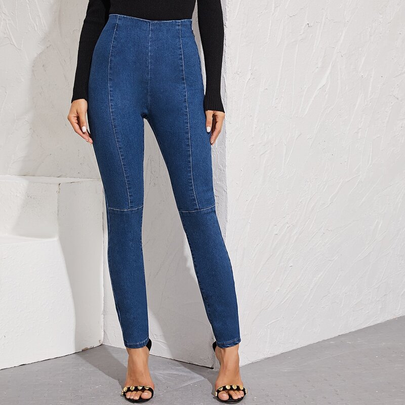 

High Waist Zip Fly Seam Jeggings, Blue