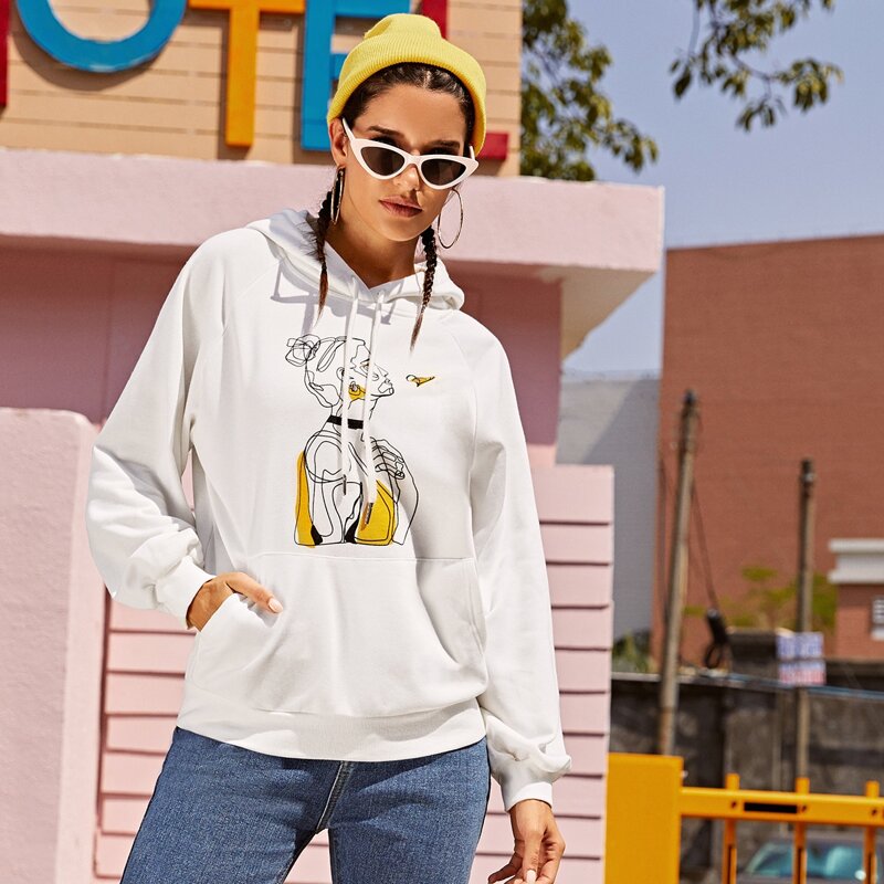 

Figure Print Raglan Sleeve Drawstring Hoodie, White