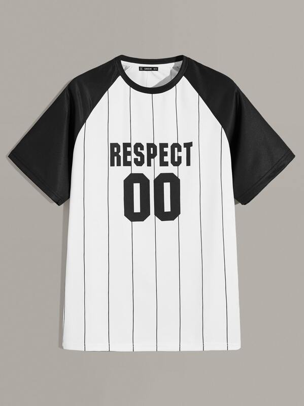 

Men Varsity Print Raglan Sleeve Striped Baseball Tee, Black and white