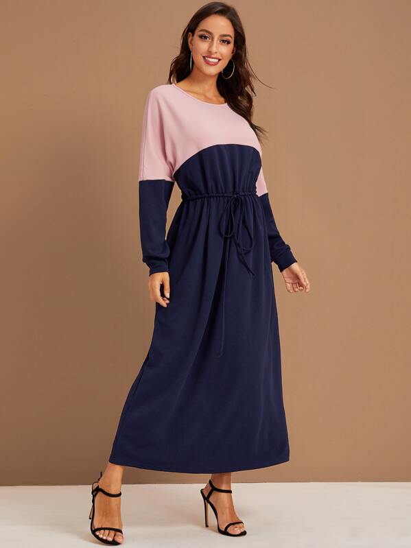 

Drop Shoulder Drawstring Waist Two Tone Dress, Multicolor, Mary P.