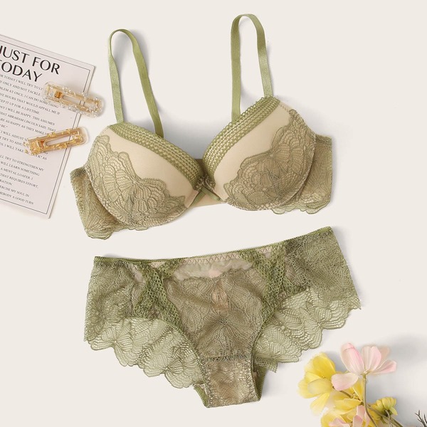 

Floral Lace Push Up Lingerie Set, Green