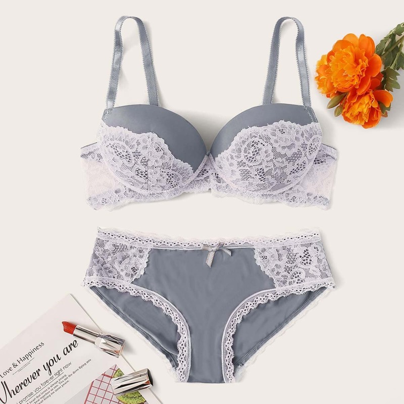 

Lace Trim Push Up Lingerie Set, Grey
