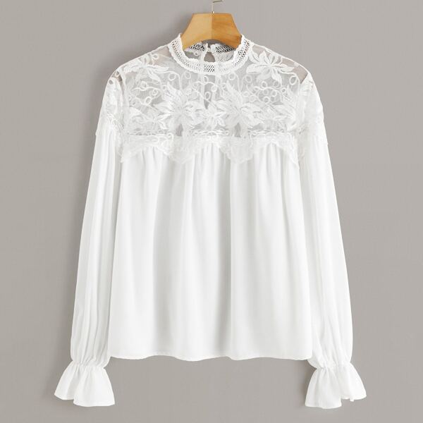 

Lace Mock-neck Embroidered Mesh Yoke Flounce Sleeve Top, White