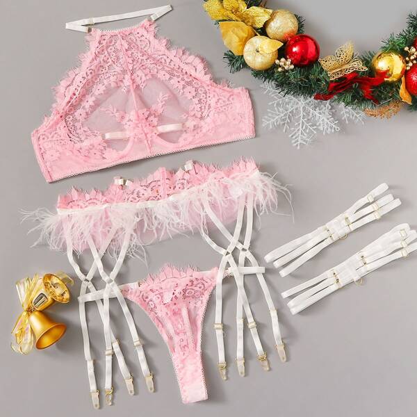 

Floral Lace Sheer Underwire Garter Lingerie Set, Pink