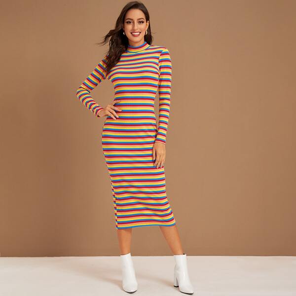

Mock-Neck Colorful Striped Split Back Dress, Multicolor
