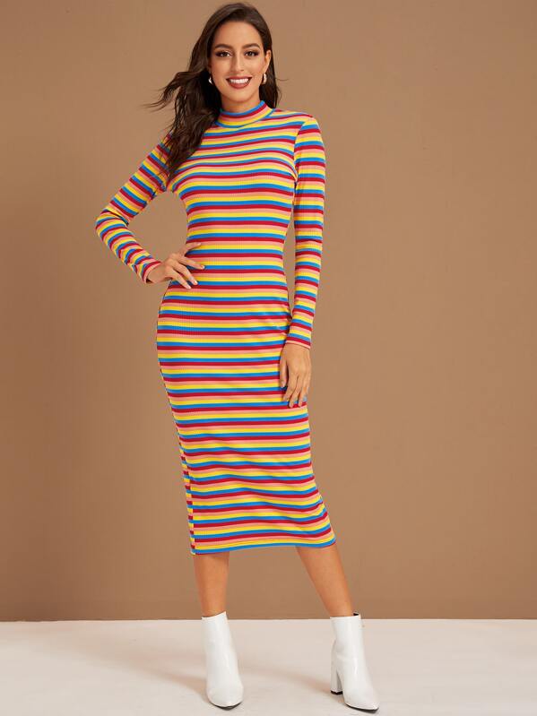 

Mock-Neck Colorful Striped Split Back Dress, Multicolor, Mary P.