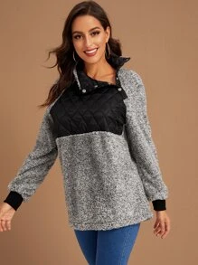SHEIN Unity Sudadera teddy de color combinado con botón delantero - Gris - Ver 4