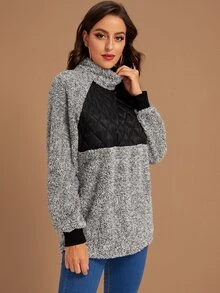 SHEIN Unity Sudadera teddy de color combinado con botón delantero - Gris - Ver 5