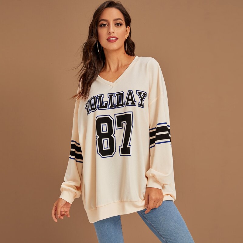

Mixed Print V-neck Drop Shoulder Oversized Sweatshirt, Beige pastel