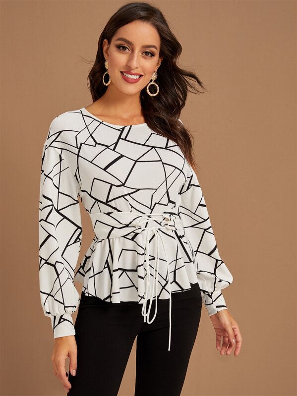 

Geo Print Lantern Sleeve Corset Waist Top, Black and white, Mary P.