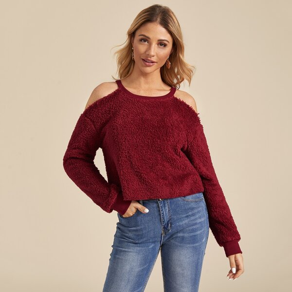 

Cold Shoulder Teddy Crop Sweatshirt, Burgundy