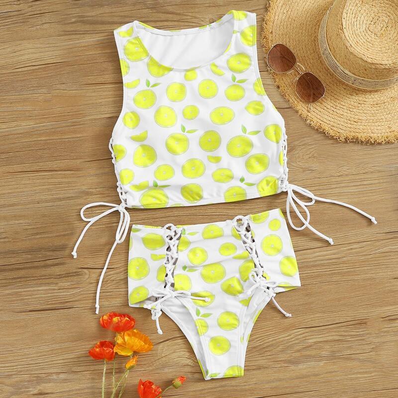 

Lemon Print Lace Up Top With High Waist Tankini, Yellow bright