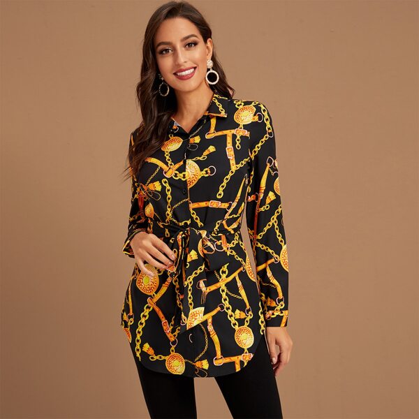 

Chain Print Curved Hem Belted Blouse, Multicolor