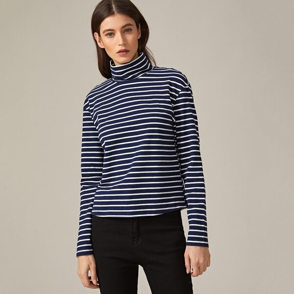 

Funnel Neck Striped Tee, Navy