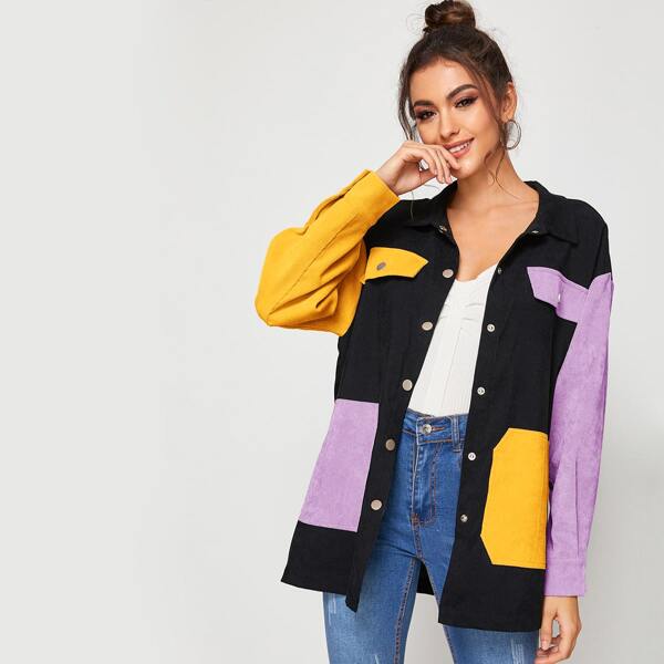 

Single Breasted Colorblock Cord Coat, Multicolor