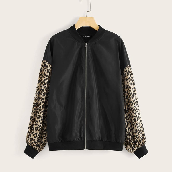 

Zip Up Leopard Sleeve Bomber Jacket, Multicolor