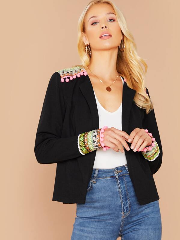 

Open Front Pompom Trim Tape Detail Jacket, Black, Allie Leggett