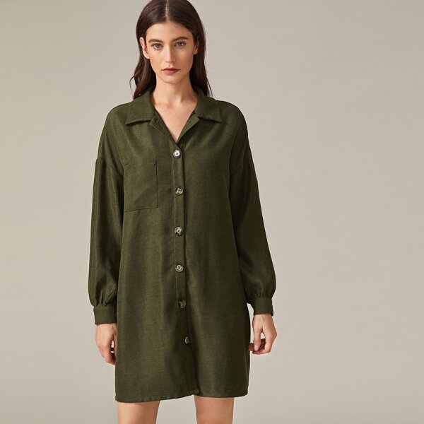 

Lantern Sleeve Patch Pocket Shirt Dress, Army green