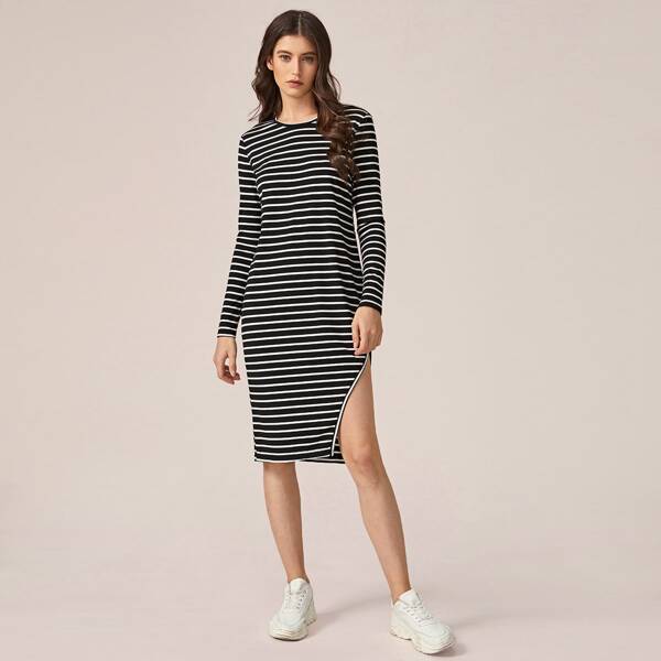 

Split Thigh Striped Dress, Black and white