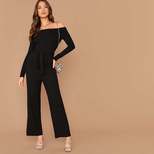 

Rib-knit Belted Foldover Bardot Palazzo Jumpsuit, Black