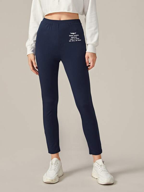 

Elastic Waist Slogan Graphic Leggings, Navy, Mila