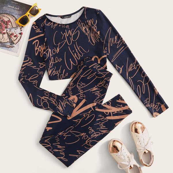 

Allover Letter Graphic Top & Leggings Set, Multicolor