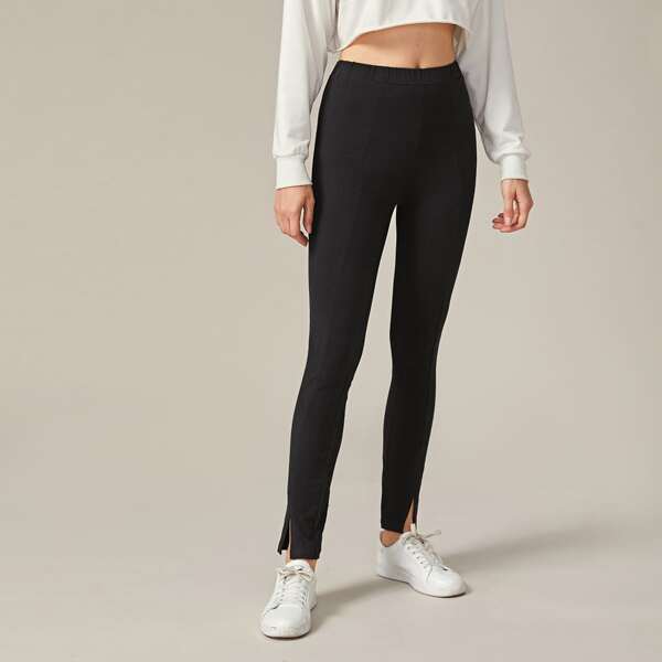 

Solid Slit Hem Leggings, Black