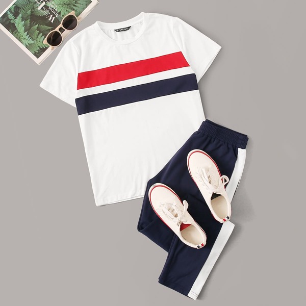 

Striped Top & Contrast Side Seam Sweatpants Set, Multicolor