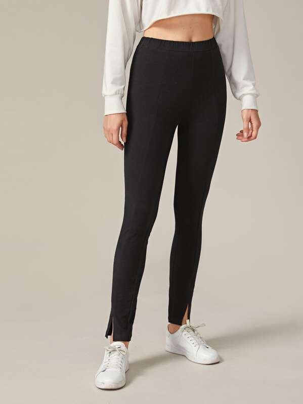 

Solid Slit Hem Leggings, Black, Mila