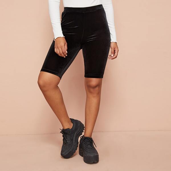 

Elastic Waist Velvet Cycling Shorts, Black