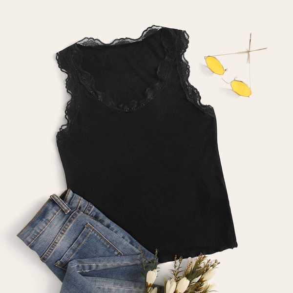 

Lace Trim Ribbed Tank Top, Black