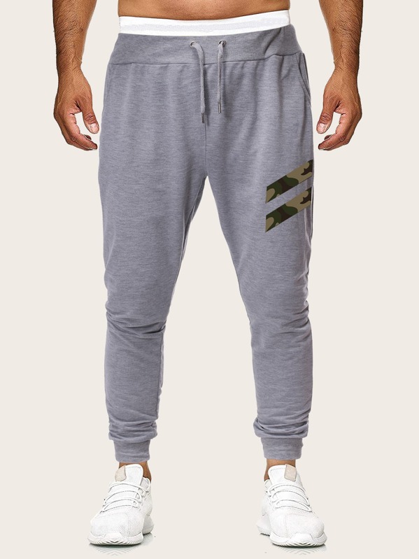 

Men Contrast Camo Drawstring Sweatpants, Grey