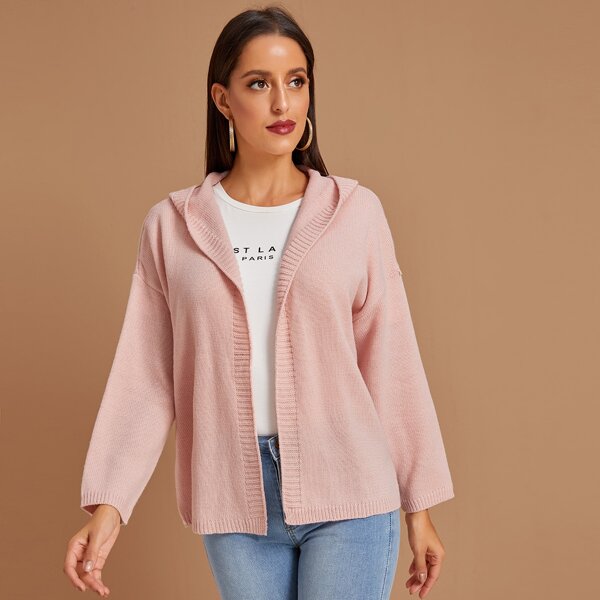 

Drop Shoulder Ribbed Trim Hooded Cardigan, Pink pastel