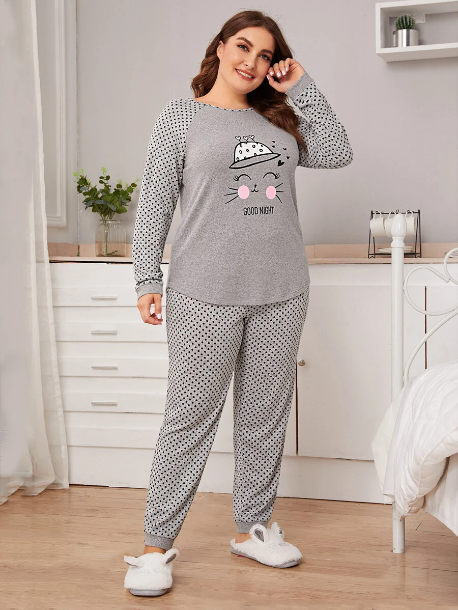 SHEIN Unity Conjunto de pijama top de manga raglán con slogan y dibujo con pantalones - grande - Gris - Ver 1