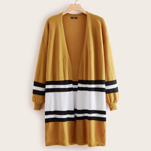 

Plus Drop Shoulder Colorblock Striped Cardigan, Yellow