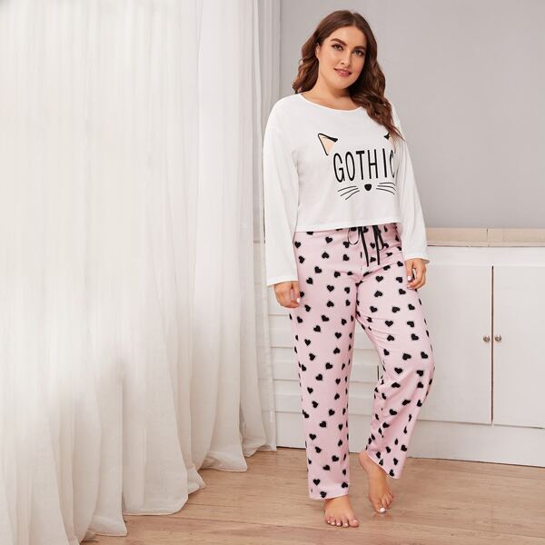 

Plus Cartoon Graphic Top & Heart Print Pants PJ Set, Multicolor