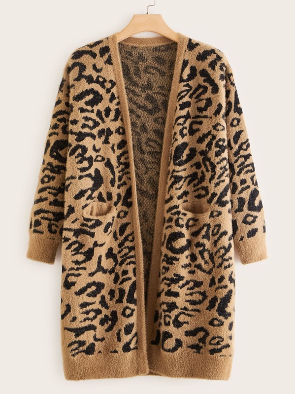 

Plus Pocket Front Fuzzy Leopard Cardigan, Multicolor