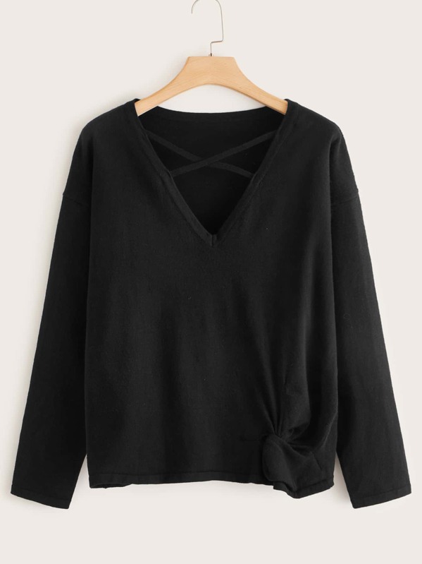 

Plus Crisscross Neck Twist Hem Sweater, Black