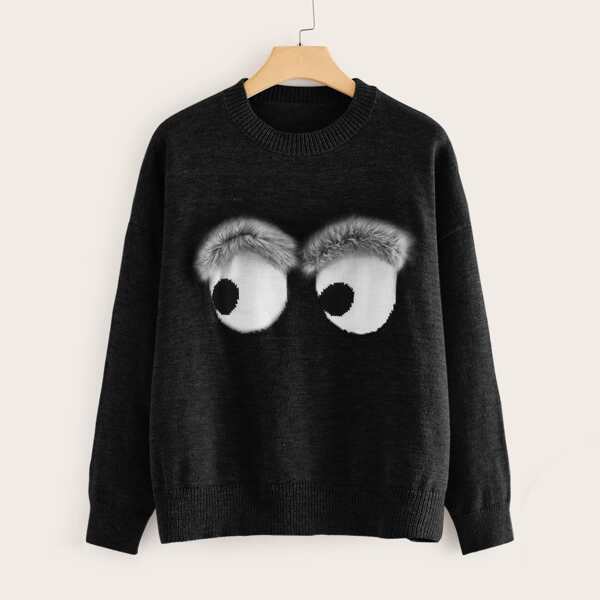 

Plus Eye With Faux Fur Detail Drop Shoulder Sweater, Black