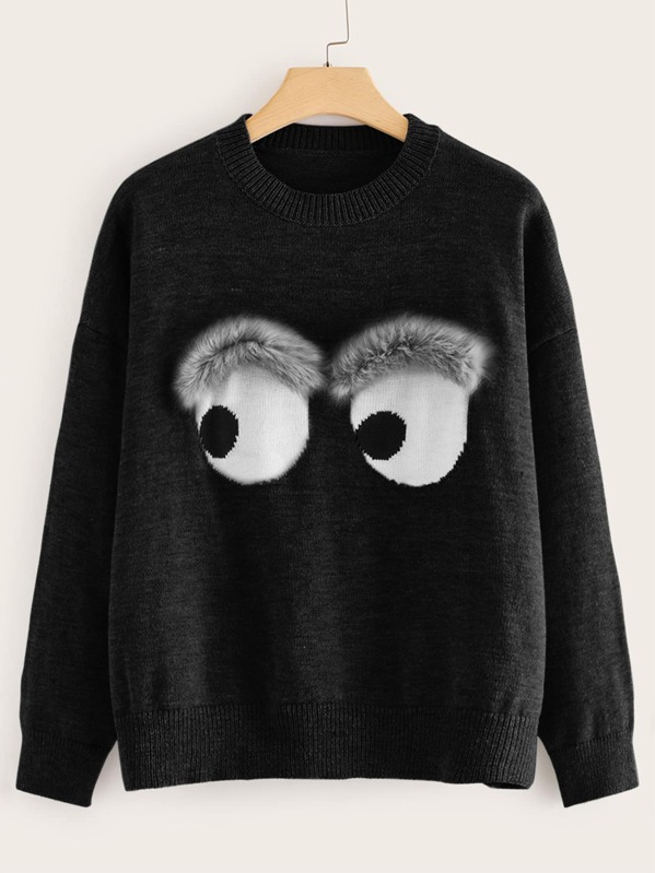 

Plus Eye With Faux Fur Detail Drop Shoulder Sweater, Black