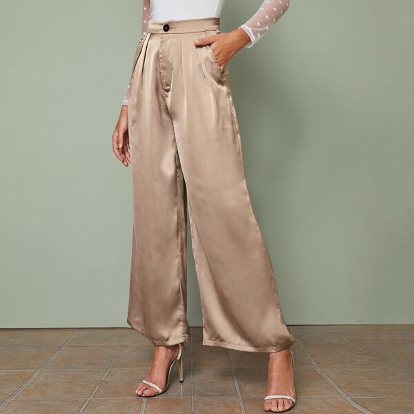 

Pleated Front Slant Pocket Wide Leg Satin Pants, Khaki pastel