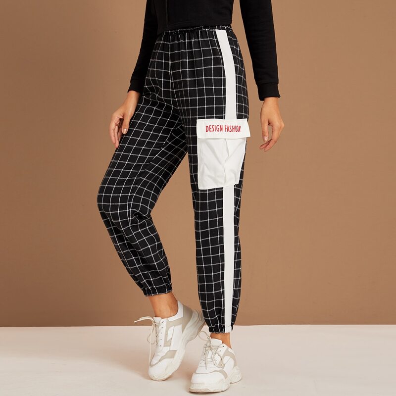 

Striped Side Flap Pocket Grid Print Pants, Black and white