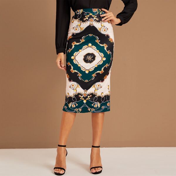 

Scarf Print Split Hem Pencil Skirt, Multicolor
